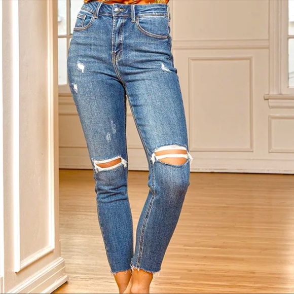 risen Denim - NWT Risen Los Angeles Distressed Slim Boyfriend Super High Rise Waist Je…
